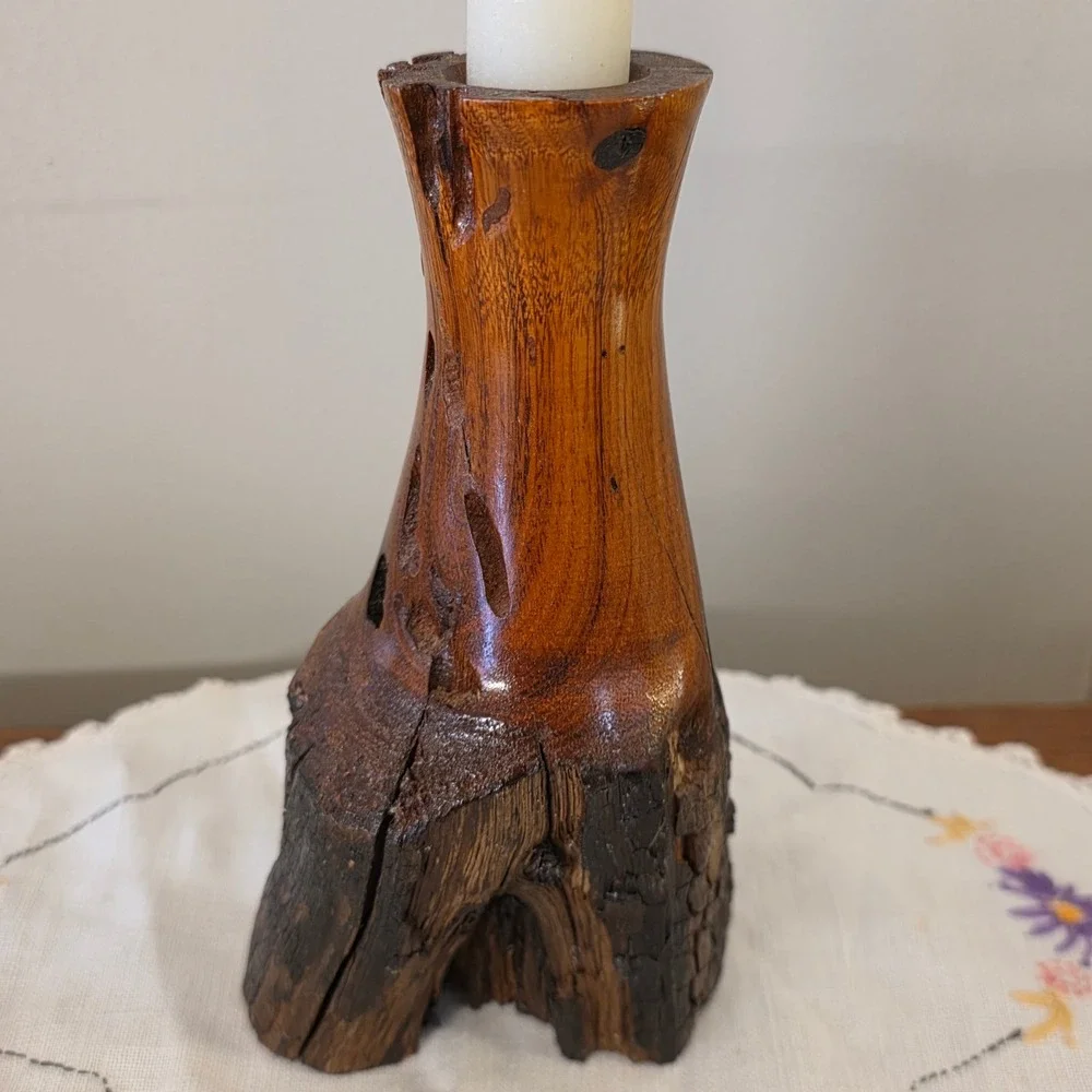CLEARANCE 💲6️⃣ Rustic Burl Wood Candle Holder‎ Hand Carved Natural Bark Texture